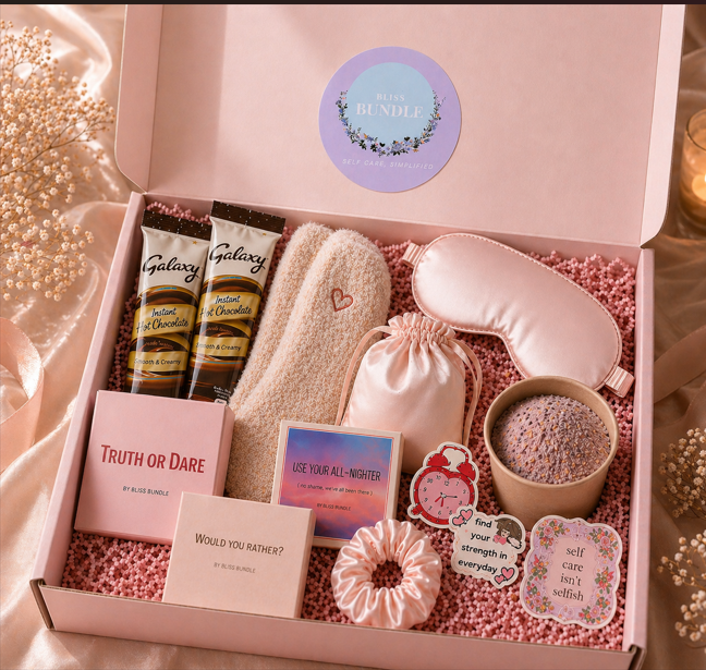 A pink Bliss Bundle box filled with sleepover self care items